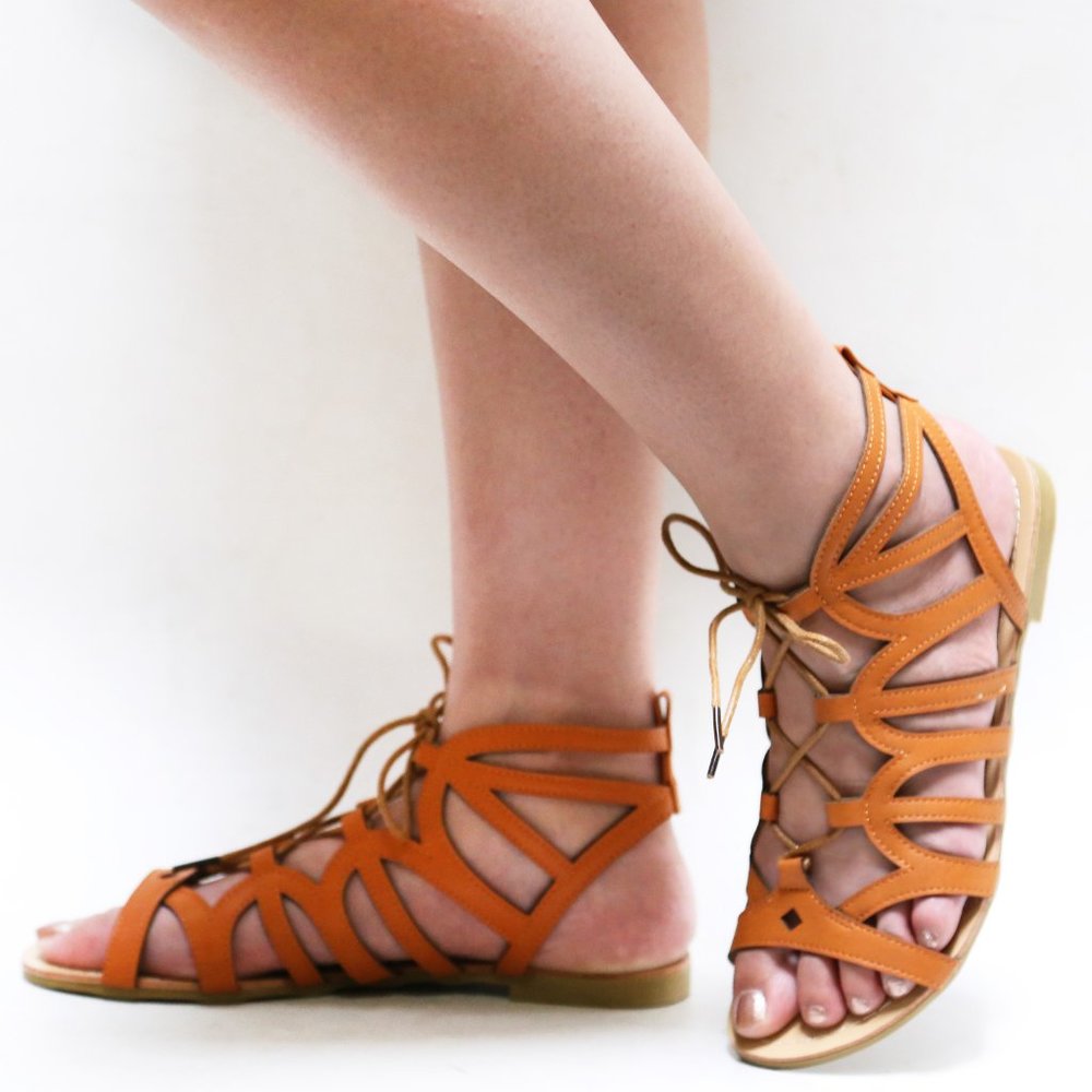 New Tan Strappy Lace Up Gladiator Sandals